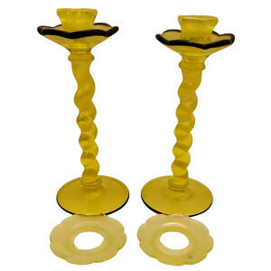 2 US Glass Topaz Twist Bobeche Candle Sticks Holders With Black Trim